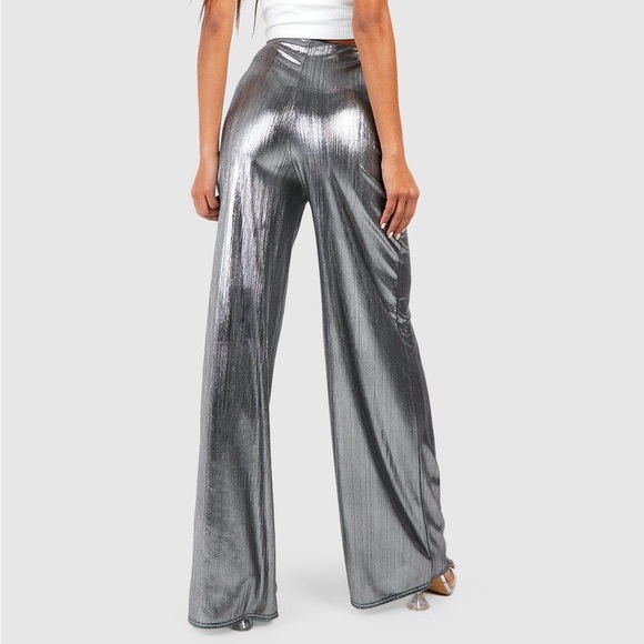 NWT Metallic Silver Foil Wide Leg Pants - New Years - Picture 2 of 6